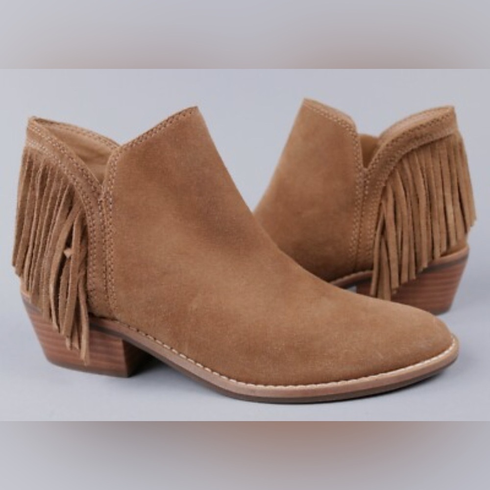 Lucky Brand Freedah Fringe Suede Booties Tan Size 7M Western  Boho Almond Toe